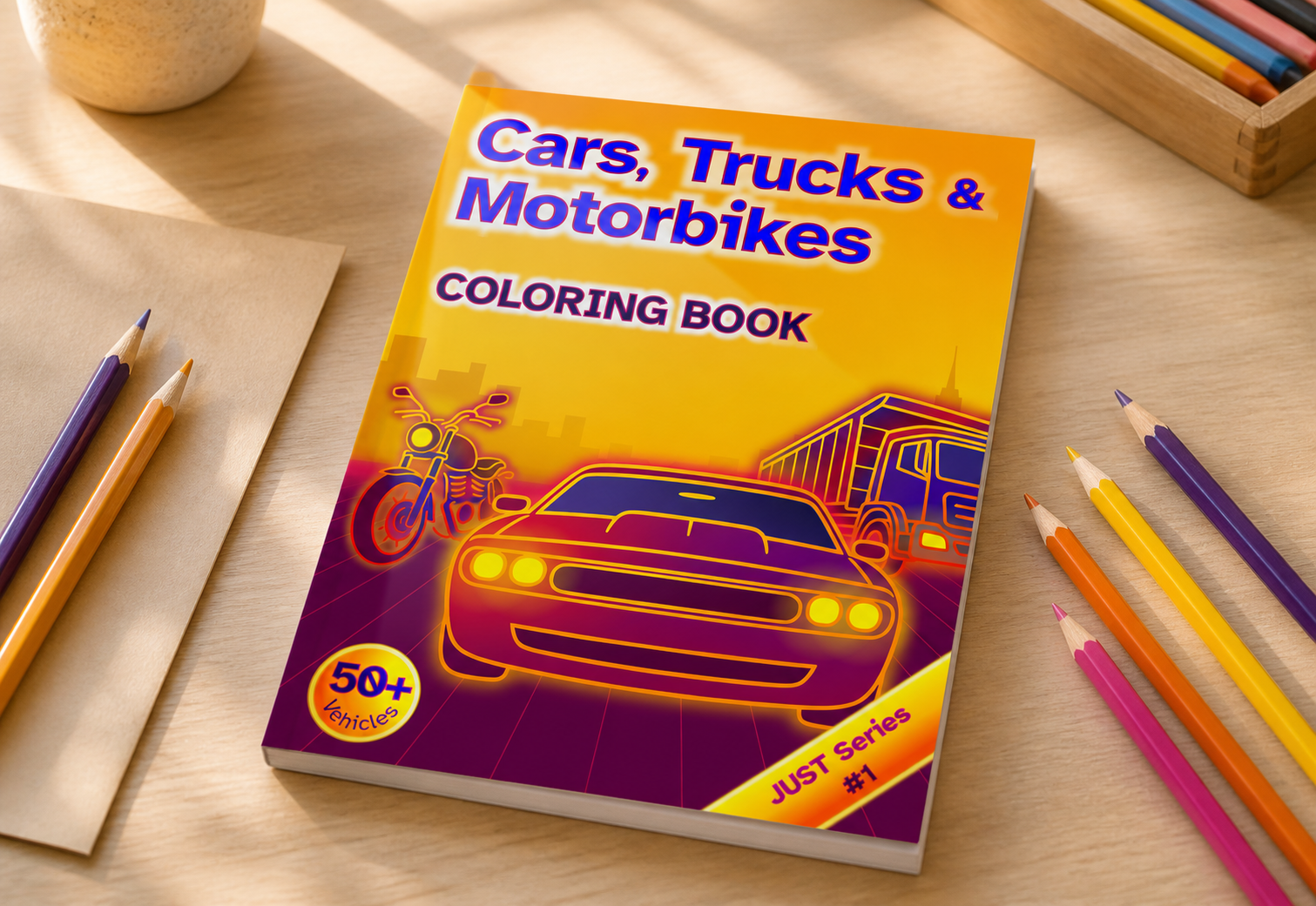 Just Cars, Trucks & Motorbikes book shown on a desk with colored pencils